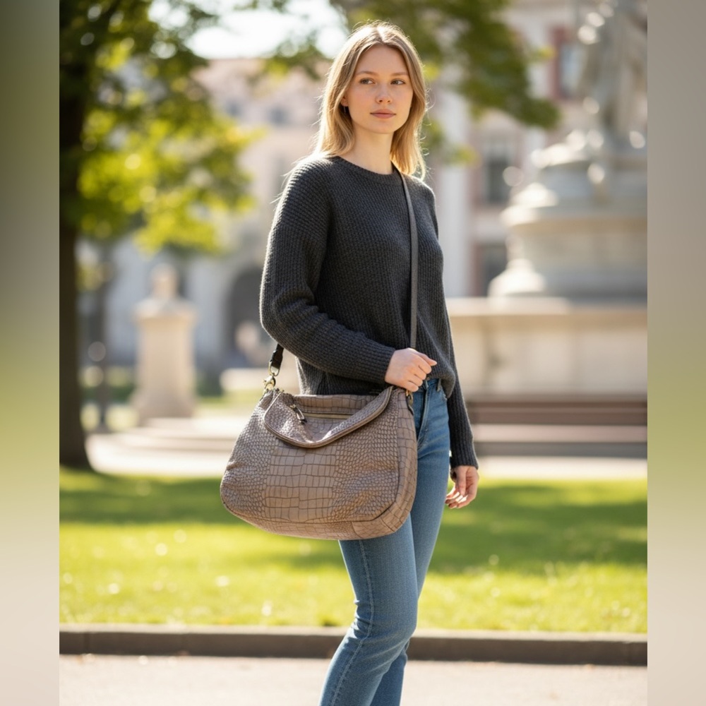 Stella & Dot Croc-Embossed Shoulder Bag in Taupe